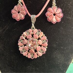 Handmade Pink Floral Pendant Necklace and Earrings Set
